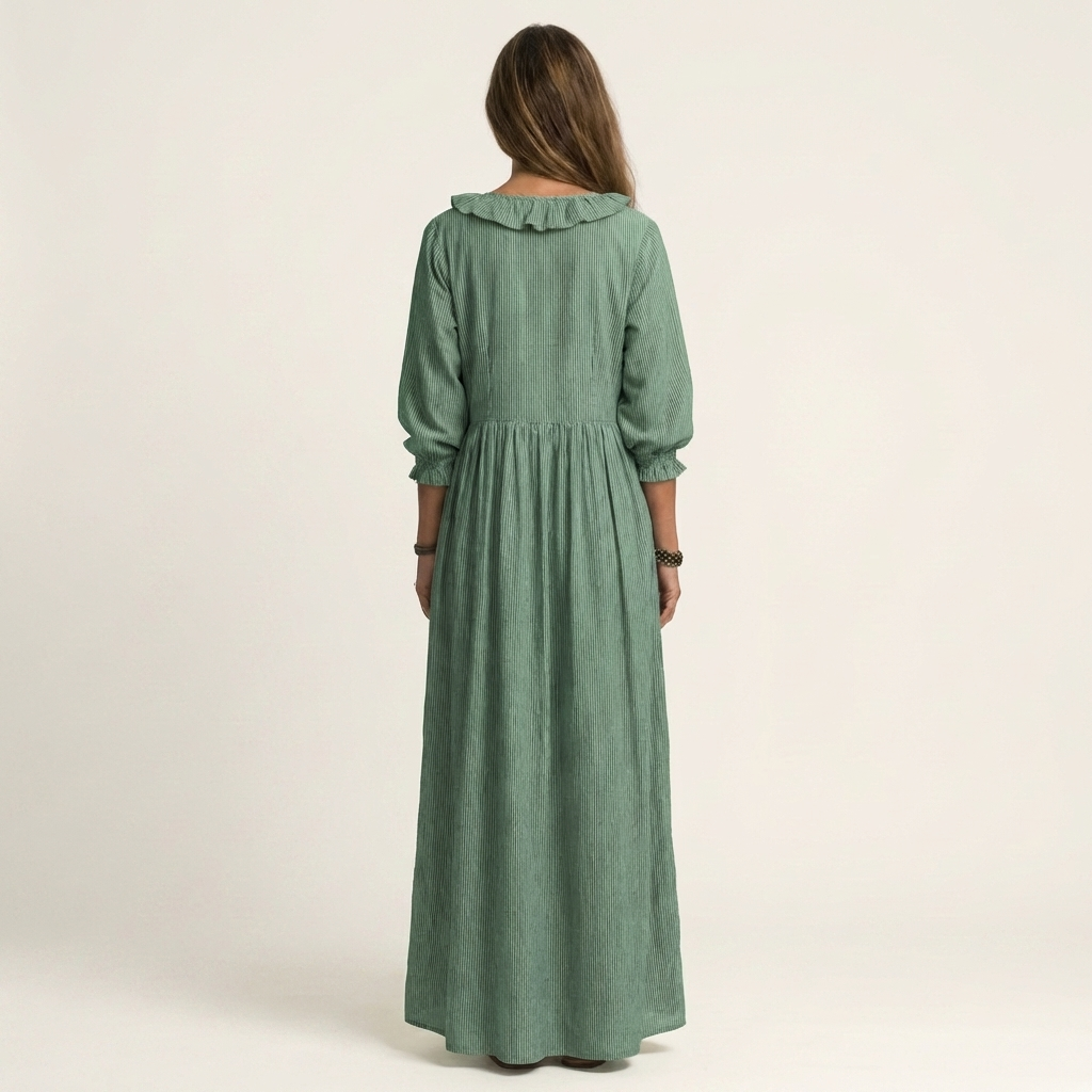 Yosetta | Abito Maxi a Righe con Scollatura a V e Maniche a Lanterne
