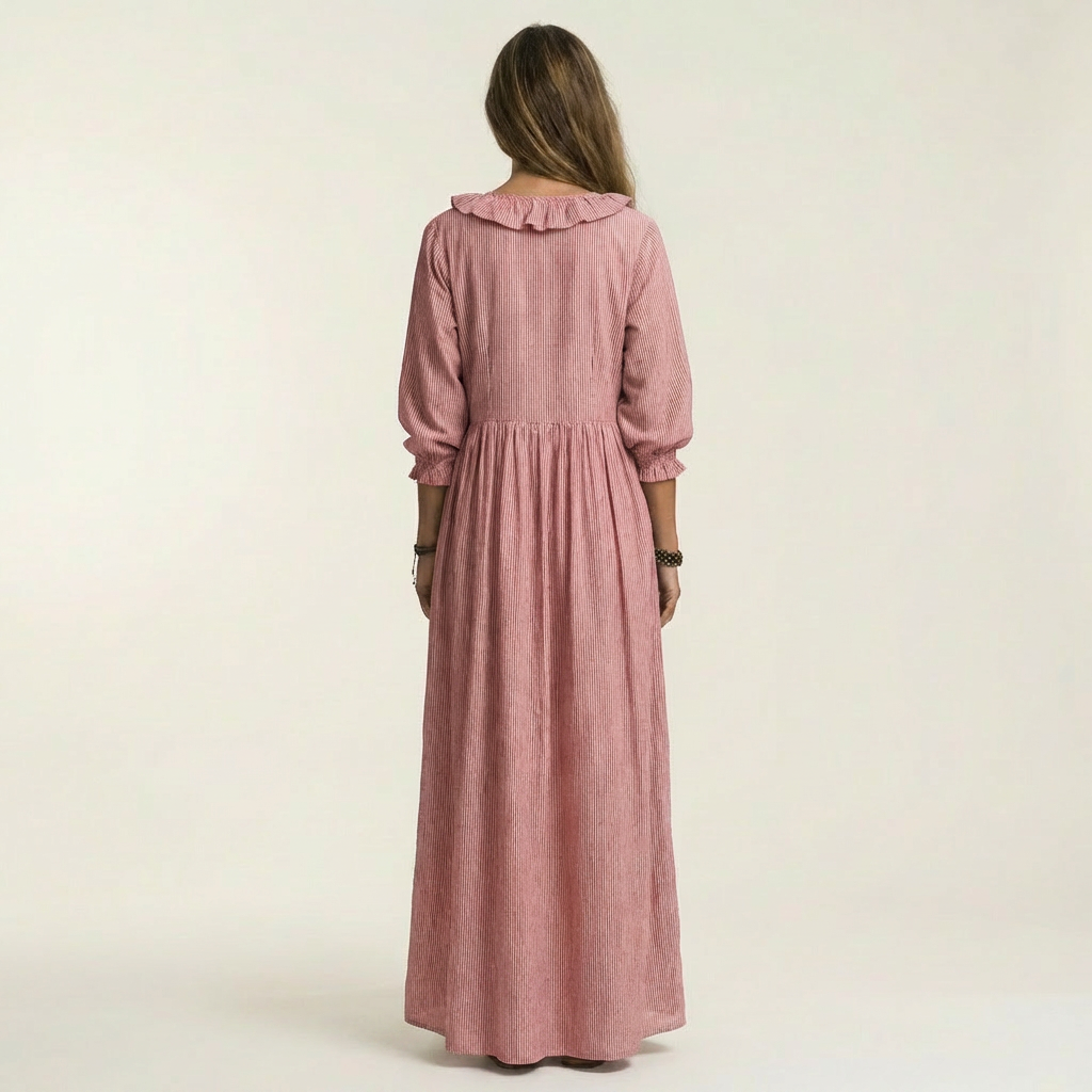 Yosetta | Abito Maxi a Righe con Scollatura a V e Maniche a Lanterne