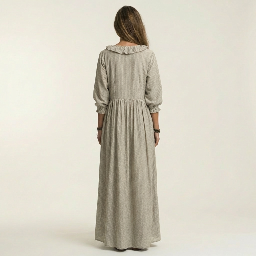 Yosetta | Abito Maxi a Righe con Scollatura a V e Maniche a Lanterne