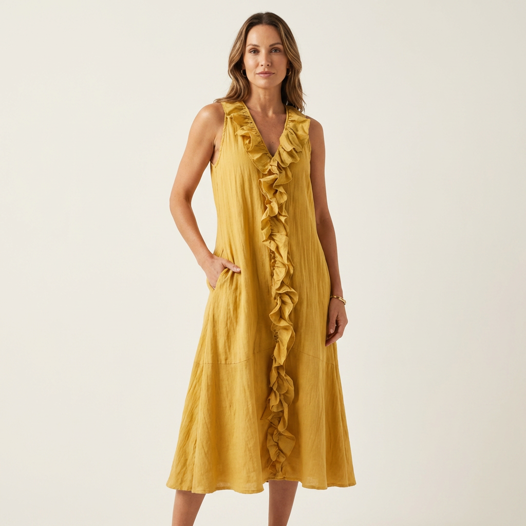Vicky | Abito Maxi in Lino Senza Maniche con Rouches Frontali a V