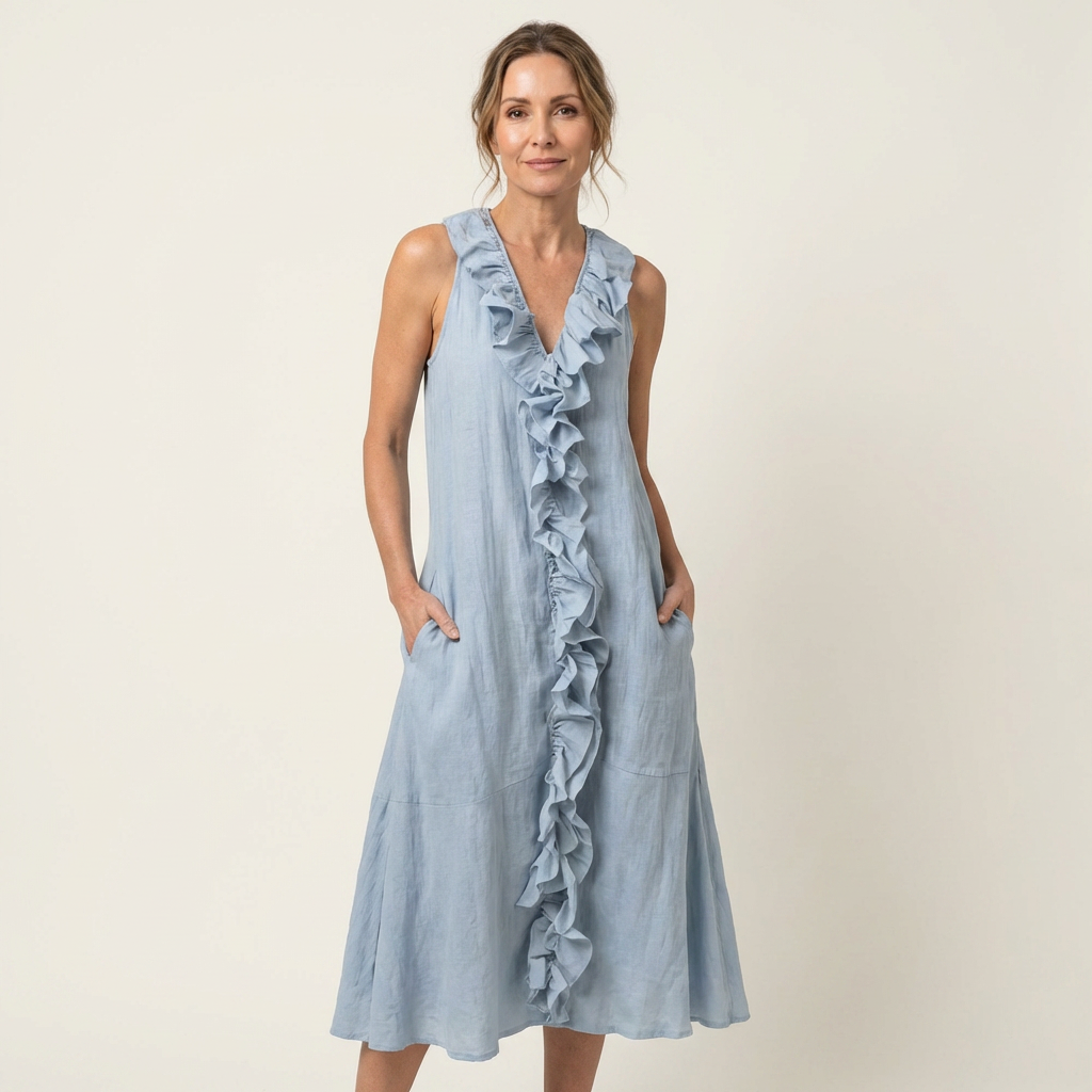 Vicky | Abito Maxi in Lino Senza Maniche con Rouches Frontali a V