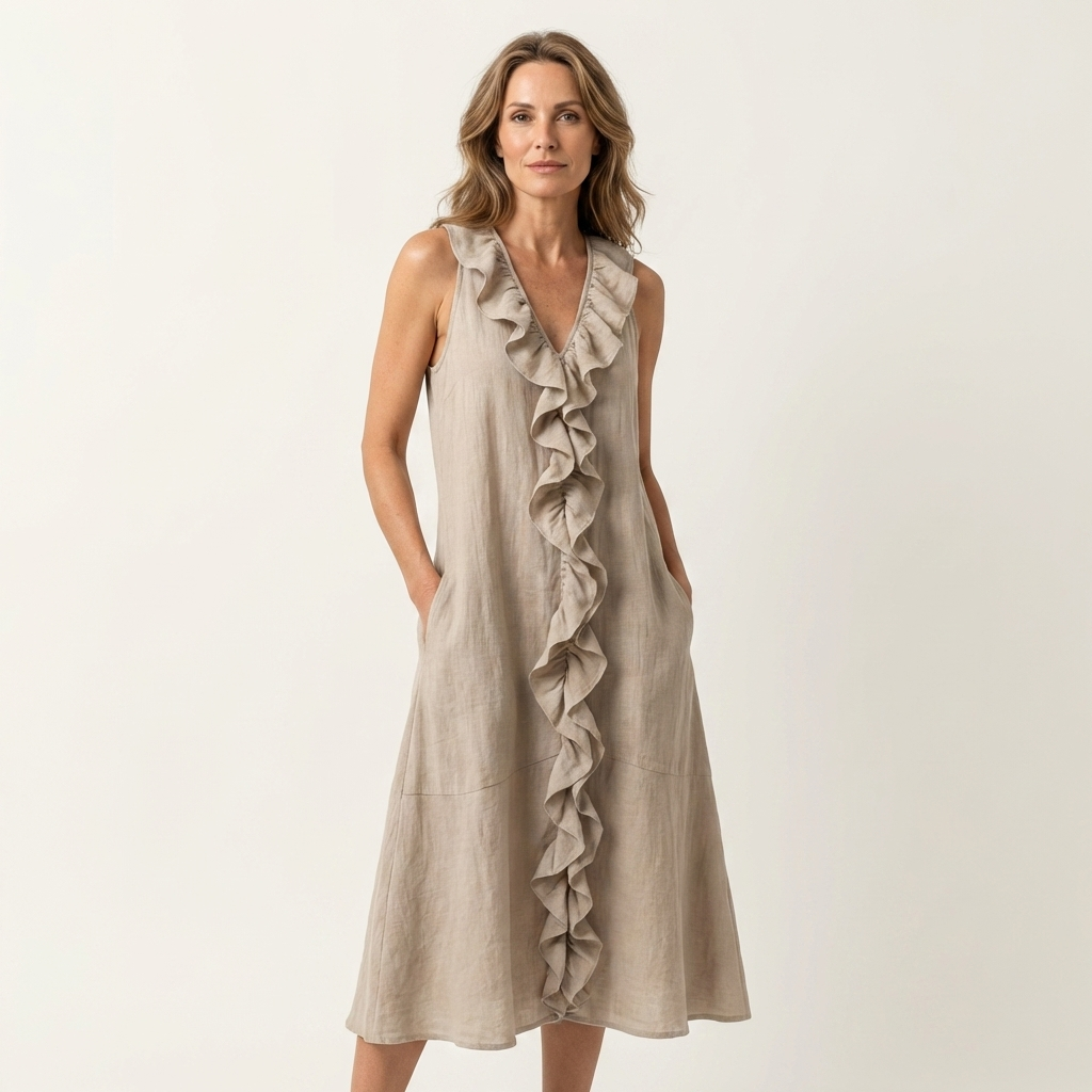 Vicky | Abito Maxi in Lino Senza Maniche con Rouches Frontali a V