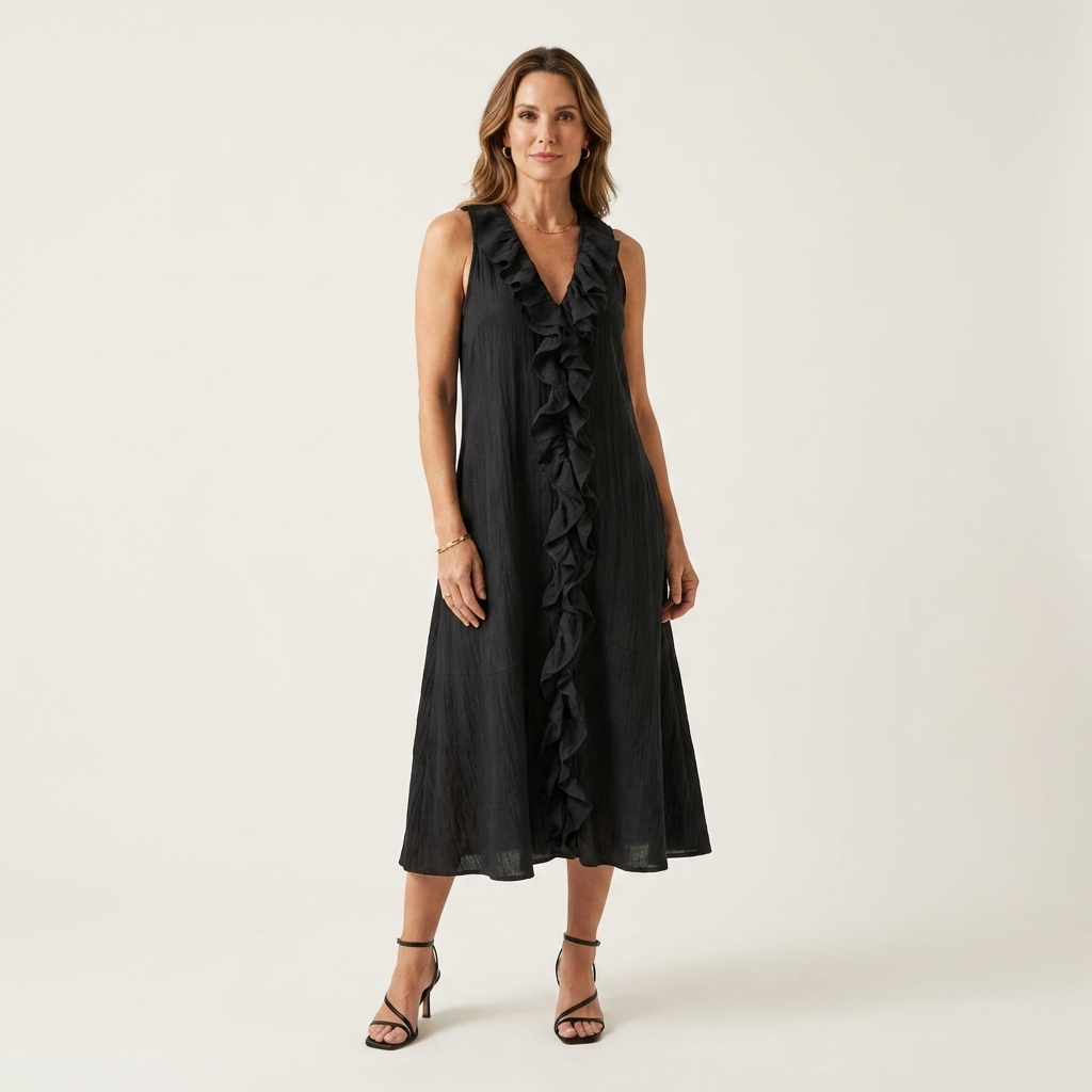 Vicky | Abito Maxi in Lino Senza Maniche con Rouches Frontali a V