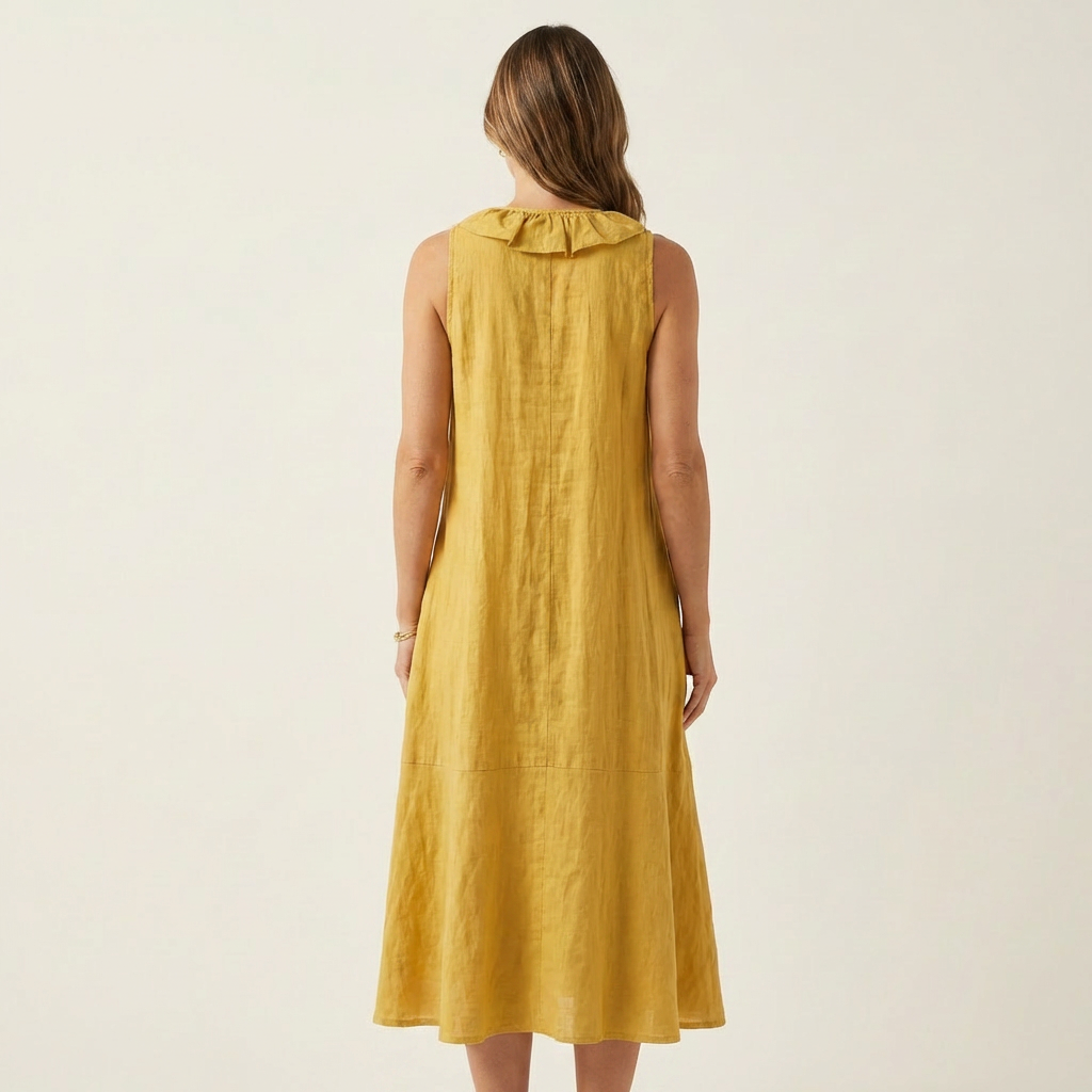 Vicky | Abito Maxi in Lino Senza Maniche con Rouches Frontali a V