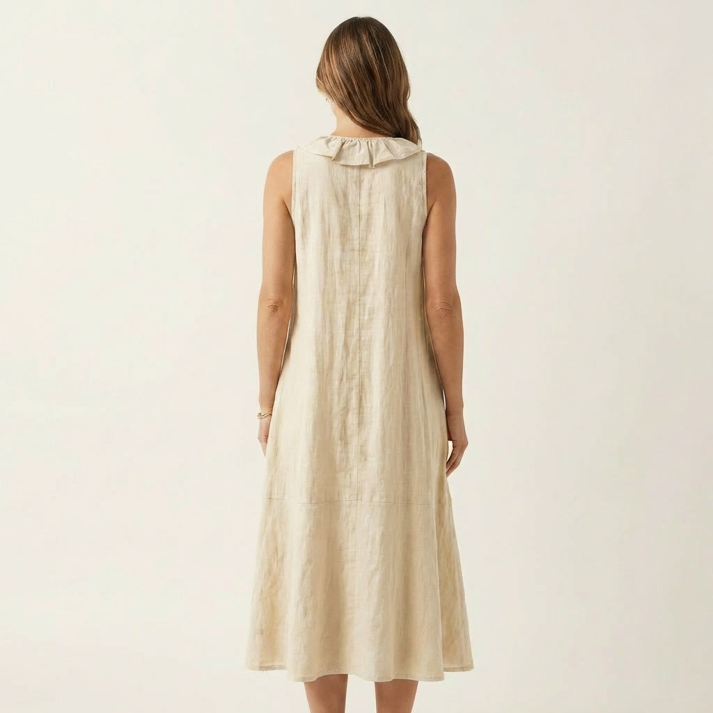 Vicky | Abito Maxi in Lino Senza Maniche con Rouches Frontali a V