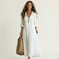 Mariam | Abito Maxi in Cotone-Lino con Ricamo Floreale Tonale