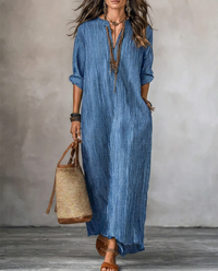 HAVEN | Abito Maxi a Maniche Lunghe Stile V-Neck a Strisce con Tasche Laterali