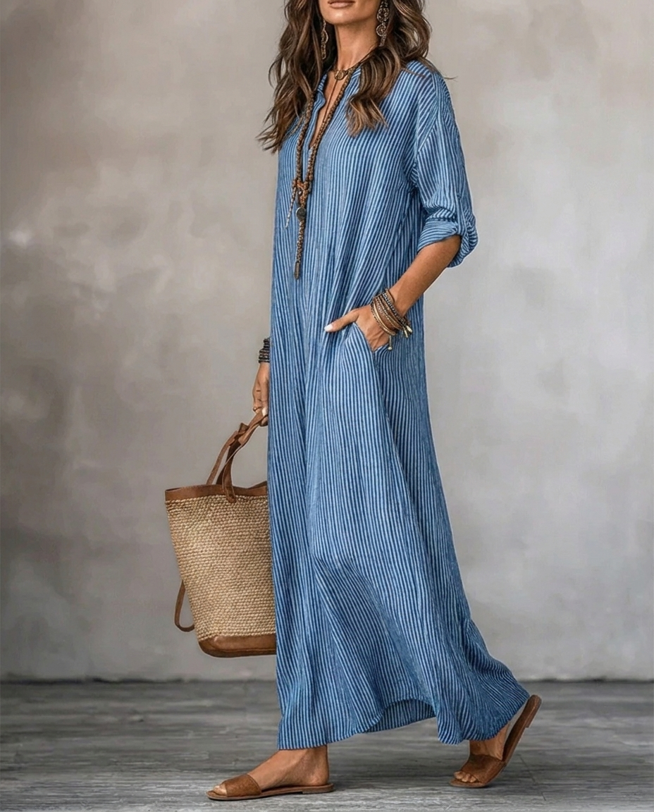 HAVEN | Abito Maxi a Maniche Lunghe Stile V-Neck a Strisce con Tasche Laterali