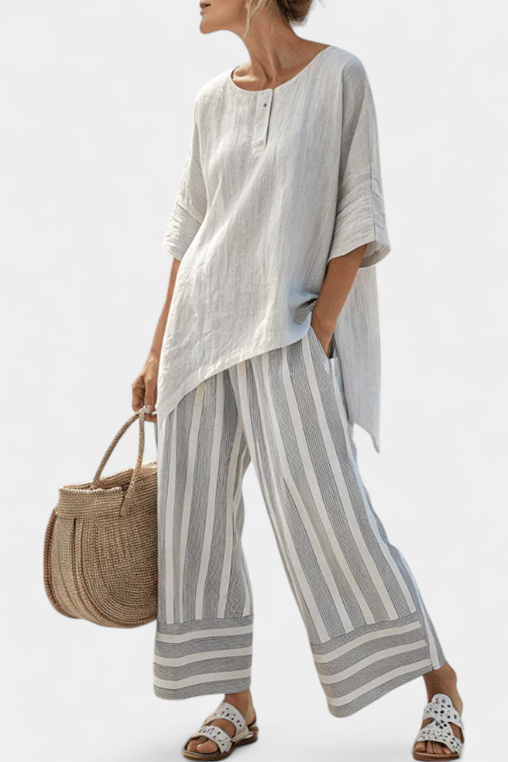 Talvora | Elegante Blusa Asimmetrica e Pantaloni Stripes