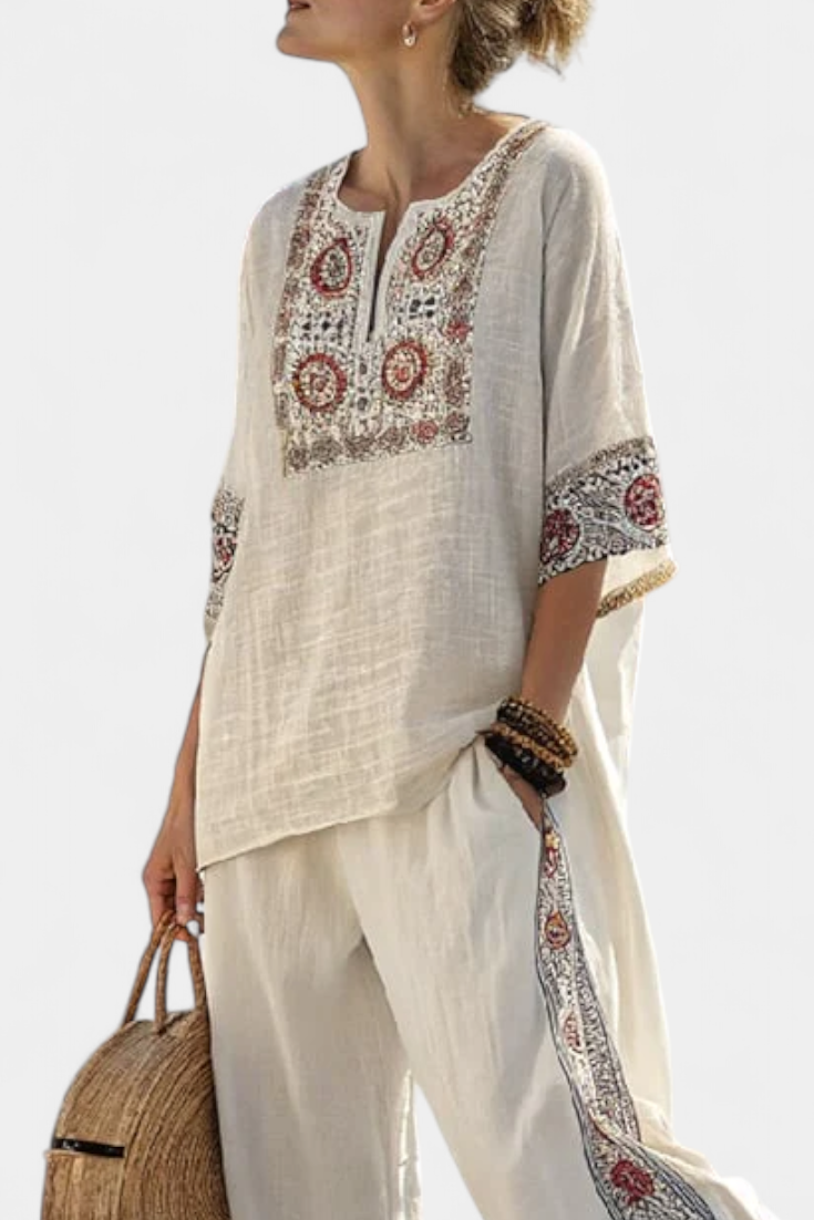 Tameric | Blusa Grezza Ricamata Sofisticata & Pantaloni Larghi
