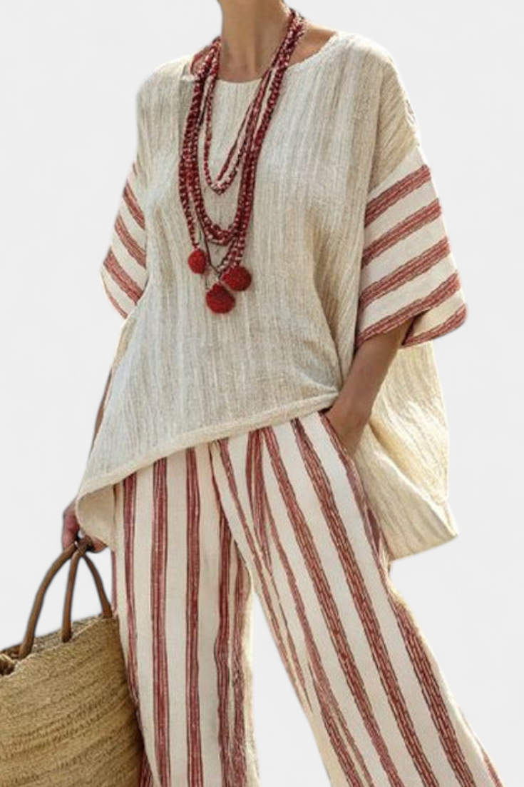 Braelith | Top Striato Rustico Elegante e Pantaloni in Lino Crema