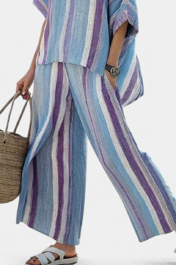 Faelith | Elegante Top Malva Pastello & Pantaloni in Lino a Righe