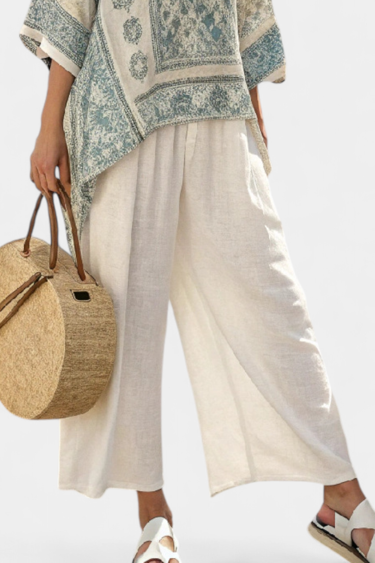 Quinley | Blusa Stampata Confortevole e Pantaloni Bianchi a Gamba Larga