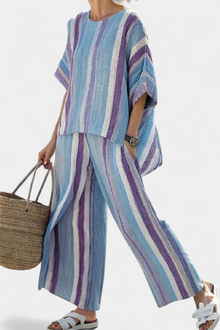 Faelith | Elegante Top Malva Pastello & Pantaloni in Lino a Righe