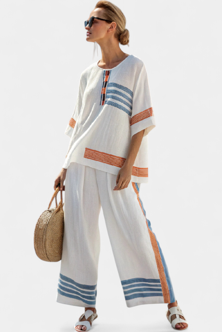 Marcellin | Top e Pantaloni Striati Blu-Arancione Sofisticati