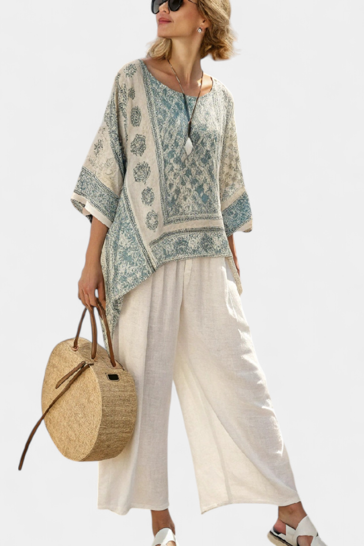 Quinley | Blusa Stampata Confortevole e Pantaloni Bianchi a Gamba Larga