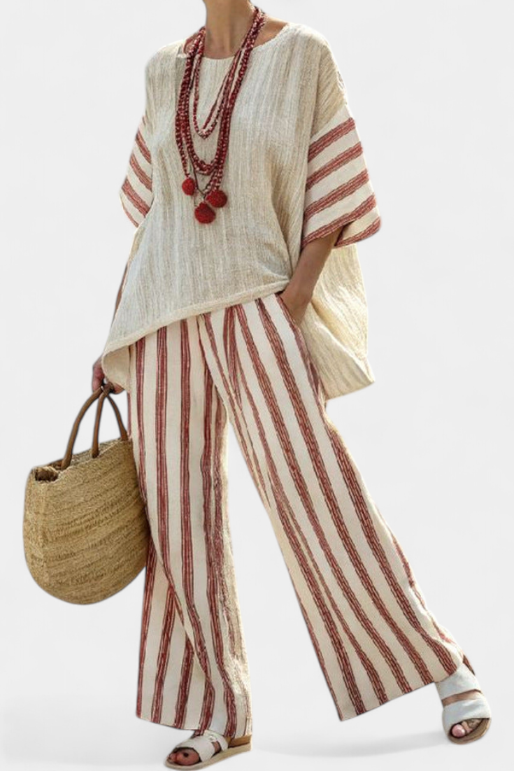 Braelith | Top Striato Rustico Elegante e Pantaloni in Lino Crema