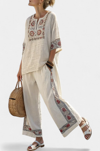 Tameric | Blusa Grezza Ricamata Sofisticata & Pantaloni Larghi
