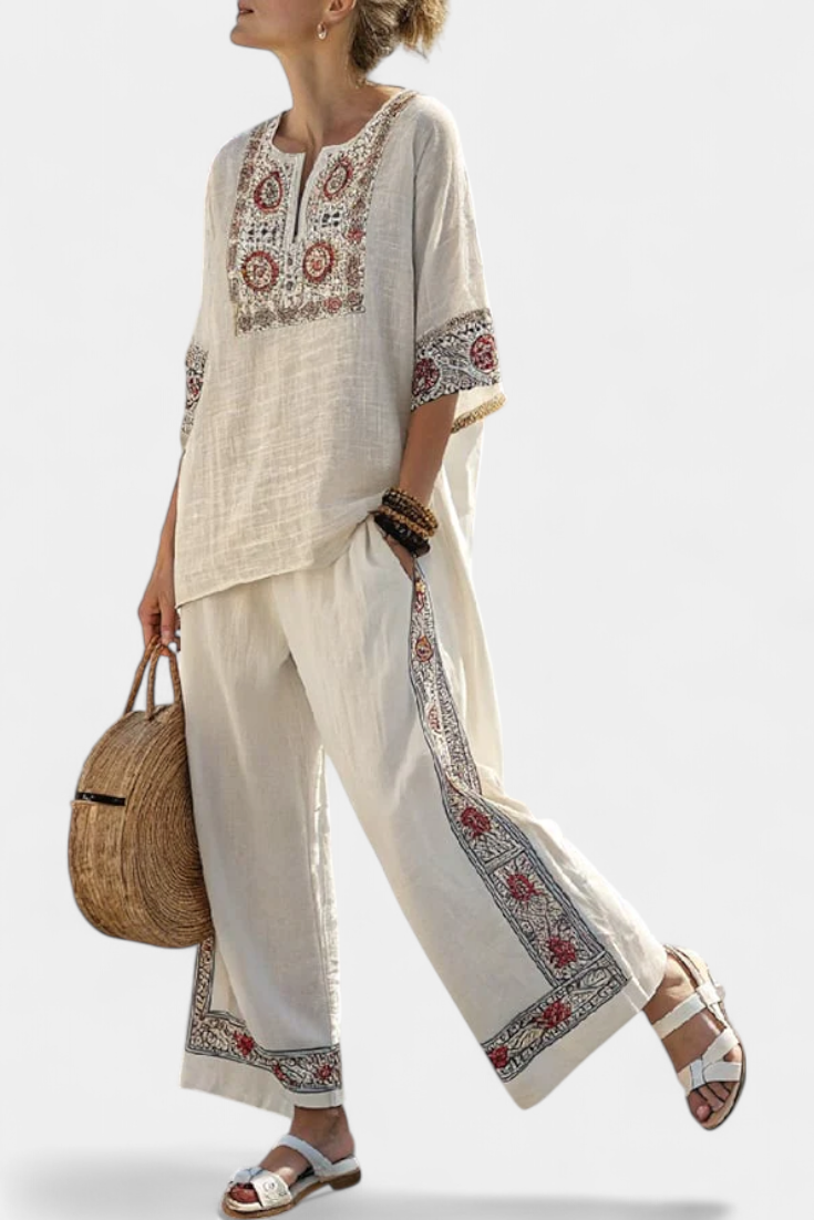 Tameric | Blusa Grezza Ricamata Sofisticata & Pantaloni Larghi