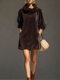 Felpa con cappuccio in velluto marrone vintage, abito mini loose