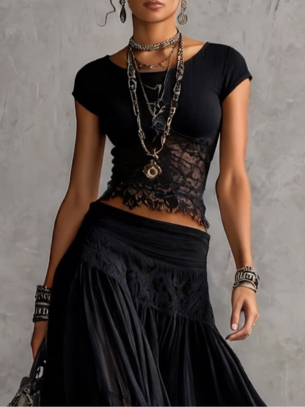 Set Top in Pizzo Nero Trasparente e Gonna Maxi Plissettata — Lucia Toscana (2)