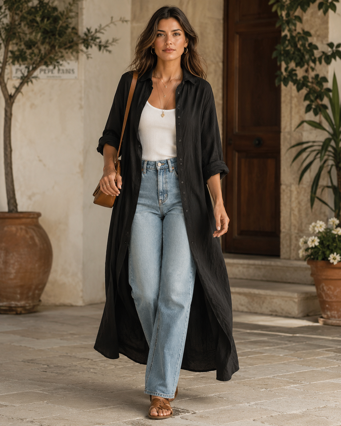 Abito Maxi in Stile Bohemien con Bottoni Neri