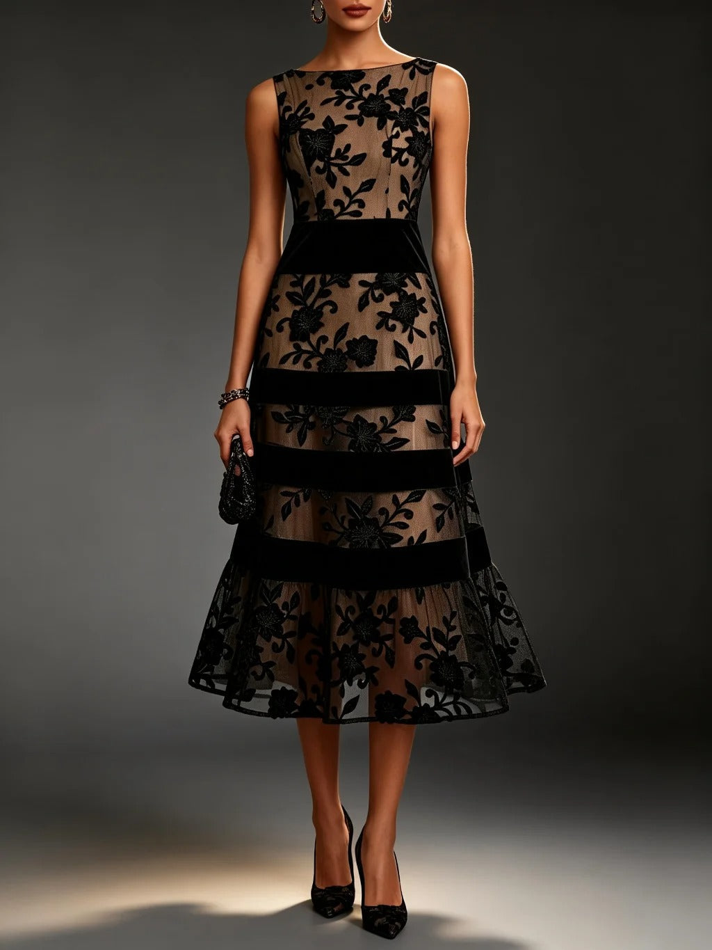 Natalie | Floral Embroidered Tulle Midi Dress
