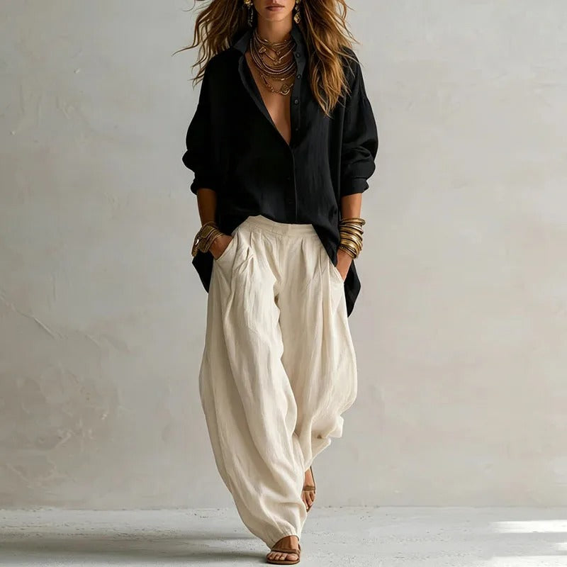 Jasmine | Two-Piece Set: Fluid Long-Sleeve Shirt & High-Waist Wide-Leg Pants