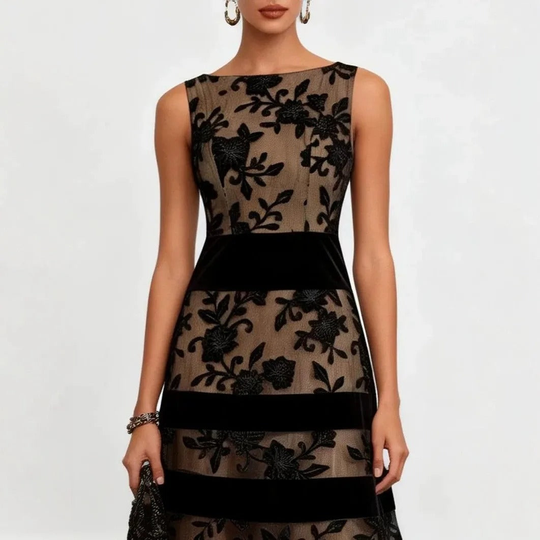Natalie | Floral Embroidered Tulle Midi Dress