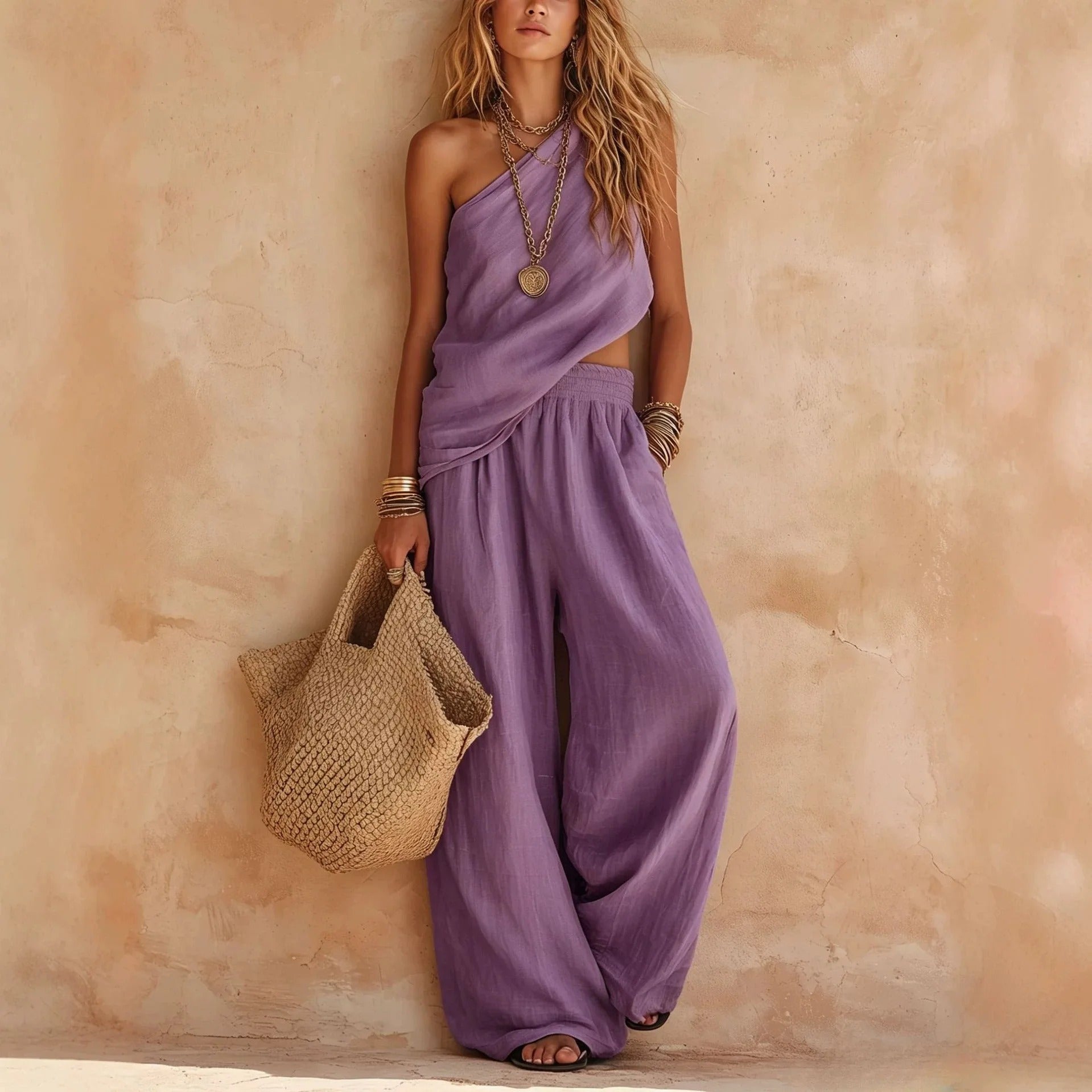 Harper | Linen-Effect Two-Piece Set — One-Shoulder Top & Wide-Leg Pants