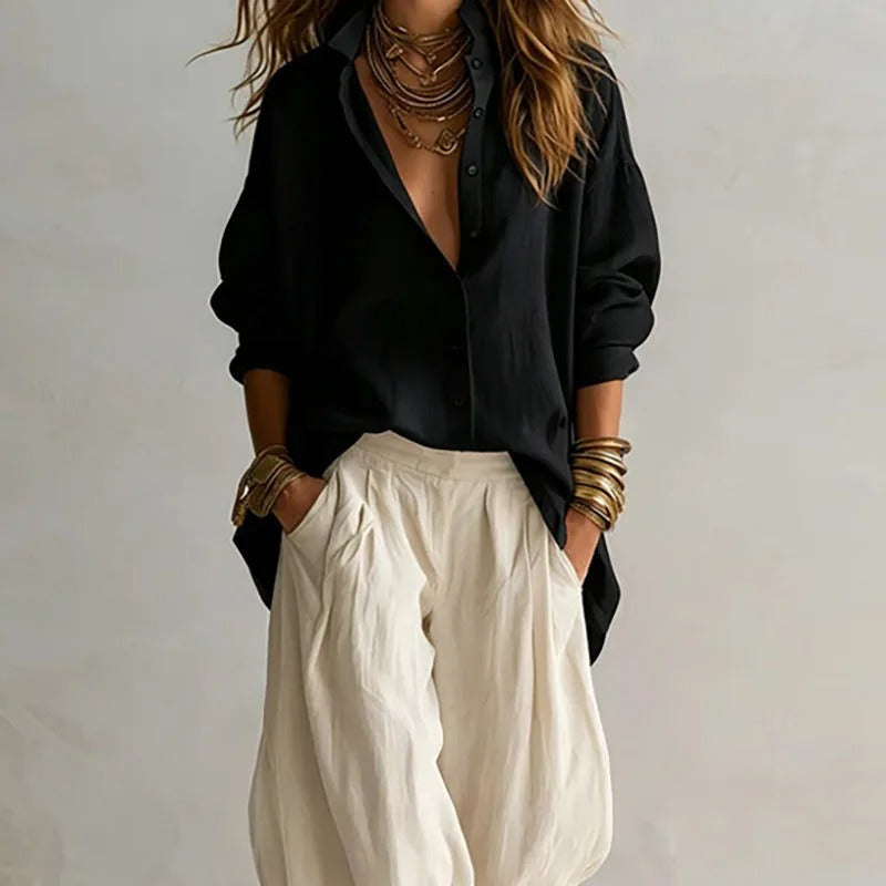 Jasmine | Two-Piece Set: Fluid Long-Sleeve Shirt & High-Waist Wide-Leg Pants