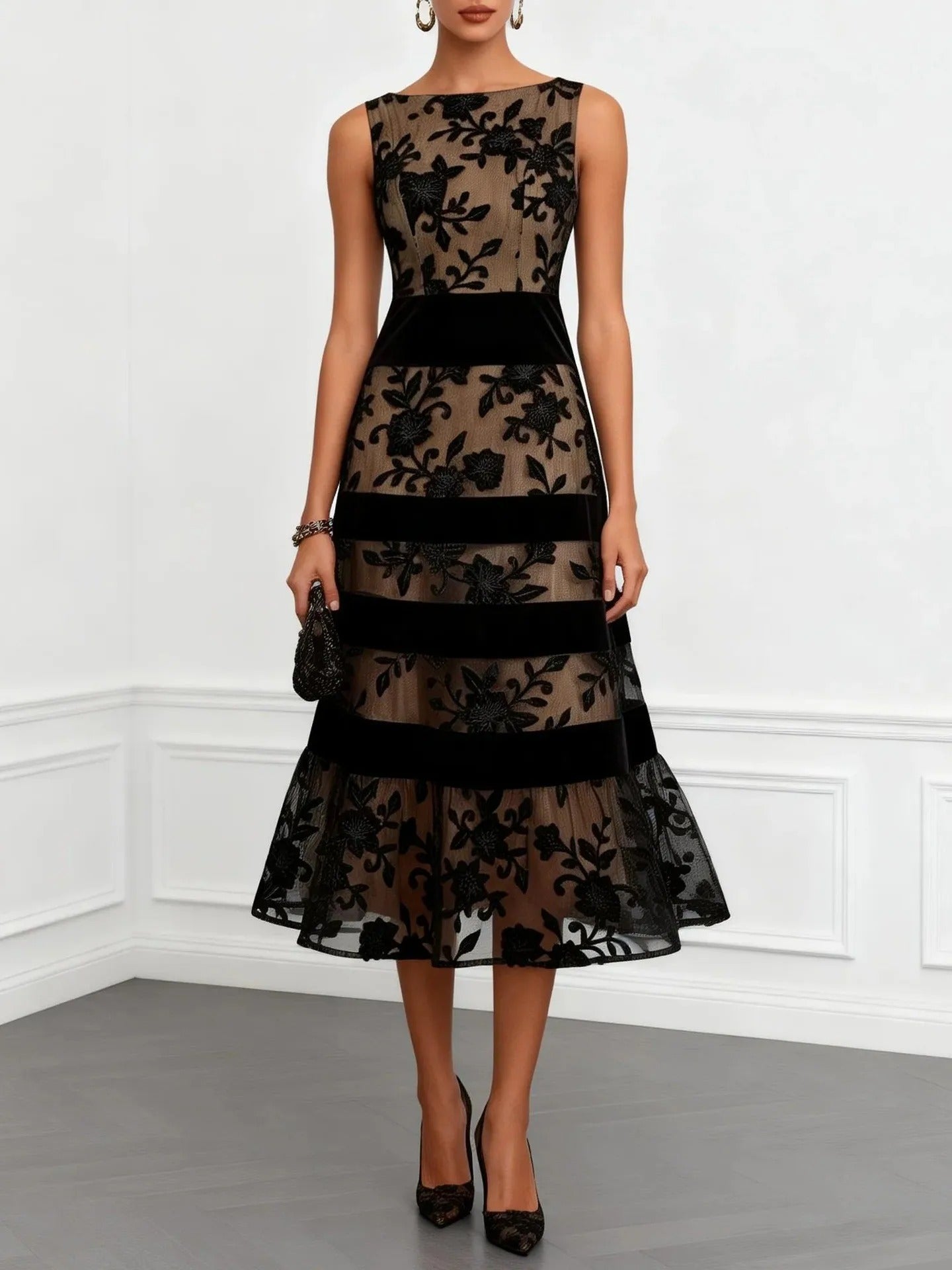 Natalie | Floral Embroidered Tulle Midi Dress