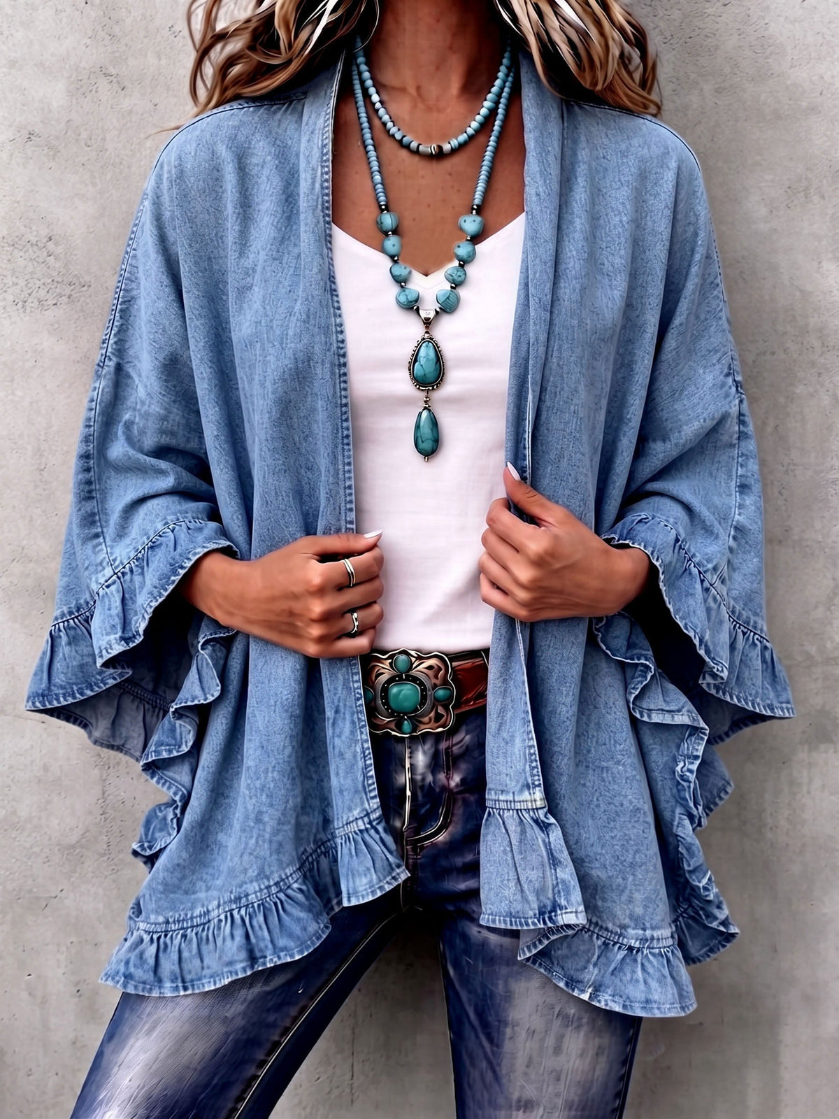Corinne | Cardigan in Denim con Rouches Chic Boho