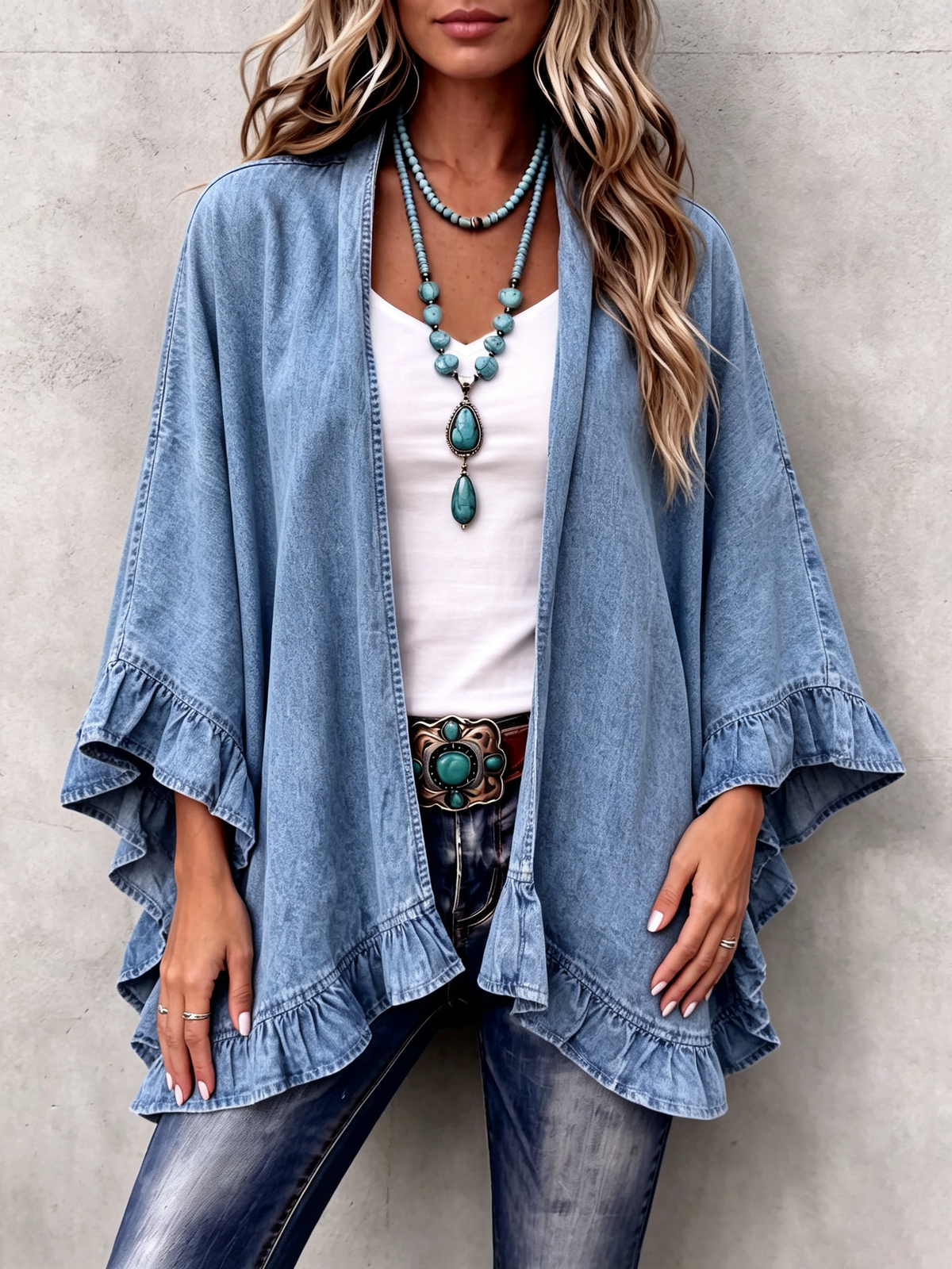 Corinne | Cardigan in Denim con Rouches Chic Boho