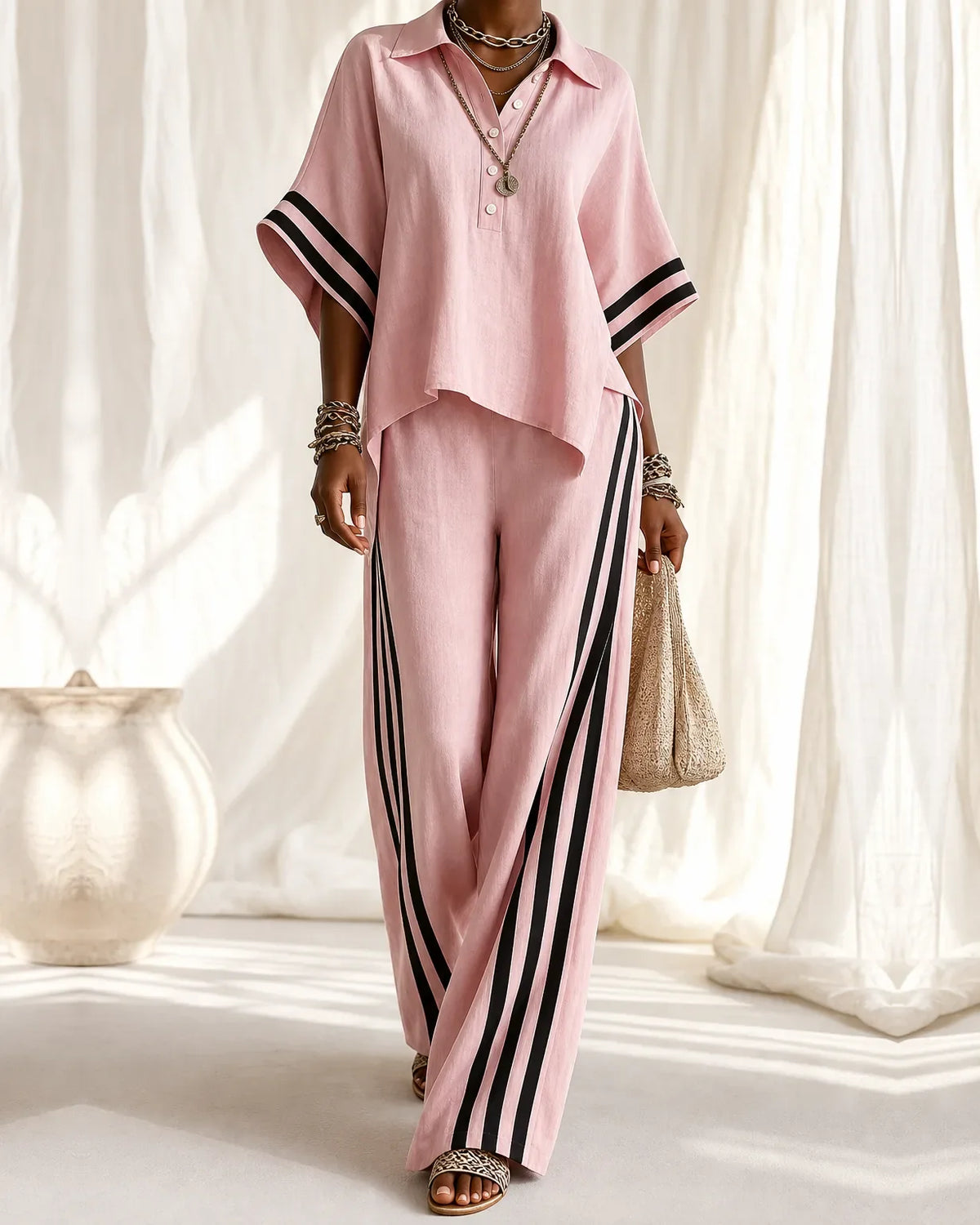 Naima | Top con Collo Polo e Set Pantaloni Larghi a Strisce Laterali