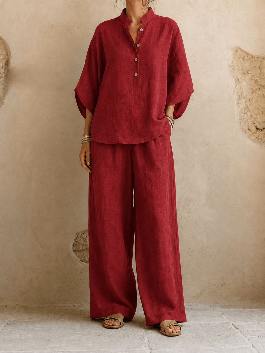 Maribel | Blusa in Lino con Maniche a Pipistrello e Pantaloni a Gamba Larga
