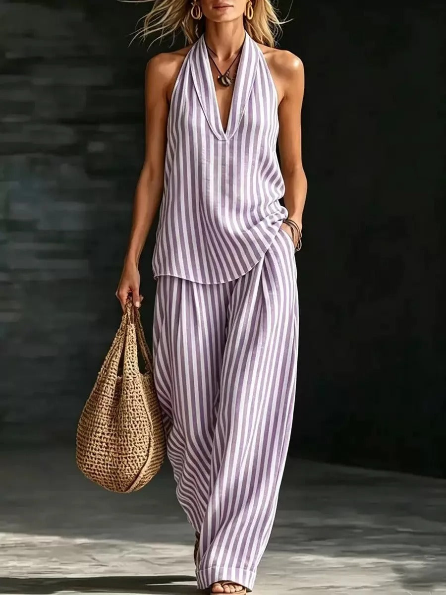 Sofía Set Effetto Lino con Top Halter e Pantaloni Ampi a Righe