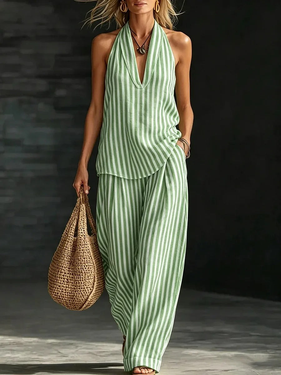 Sofía Set Effetto Lino con Top Halter e Pantaloni Ampi a Righe