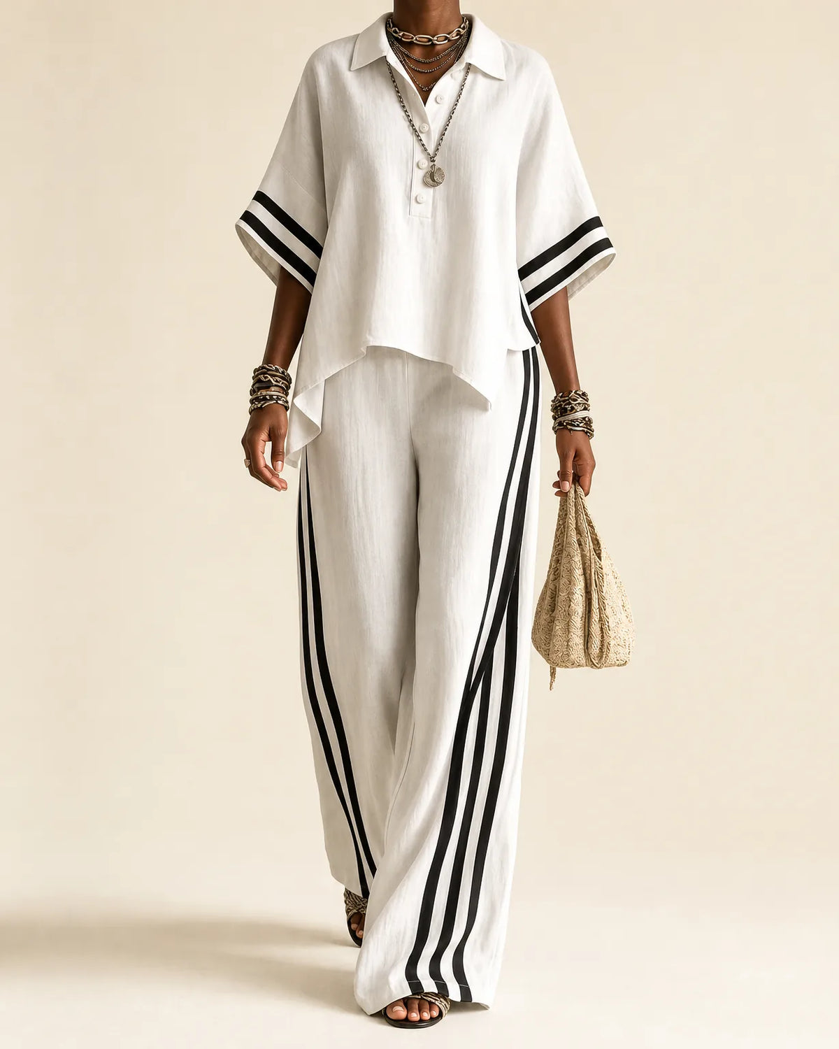 Naima | Top con Collo Polo e Set Pantaloni Larghi a Strisce Laterali