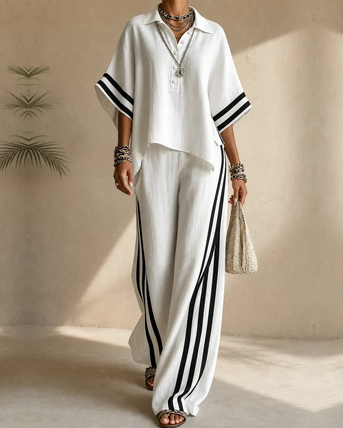 Naima | Top con Collo Polo e Set Pantaloni Larghi a Strisce Laterali