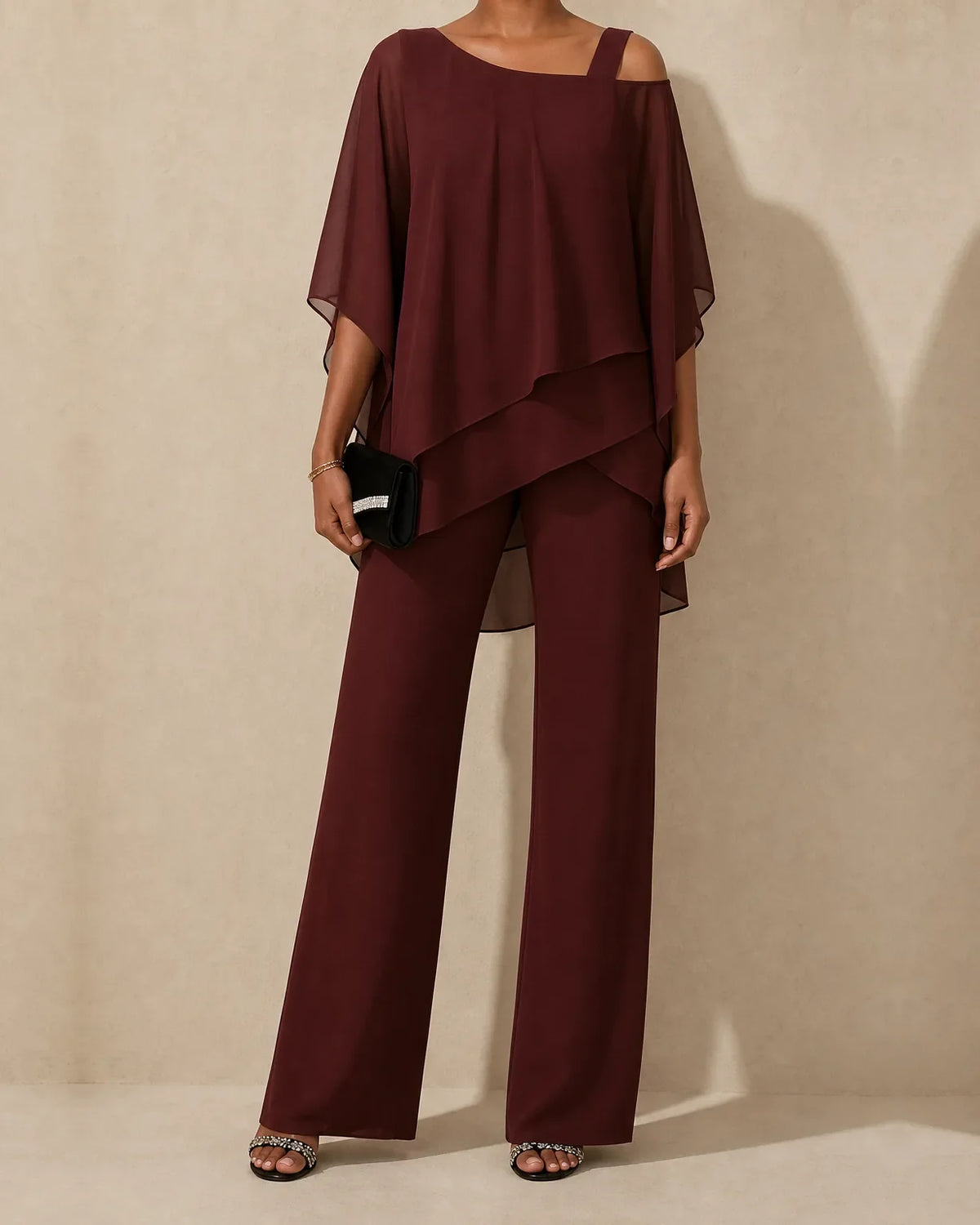 Yvette | Top Drappeggiato a Spalla Scoperta & Set Pantaloni a Gamba Larga