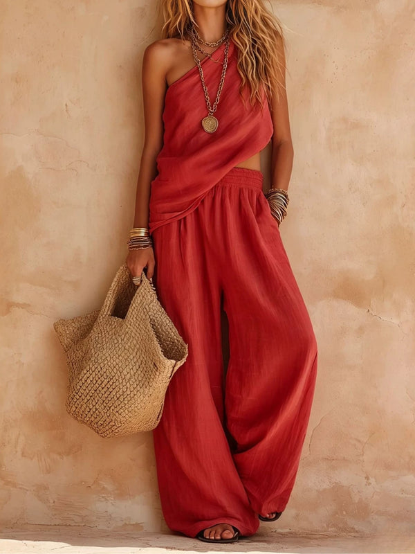 Completo Casual Top Senza Maniche Rosa a Spalla Unica e Pantaloni