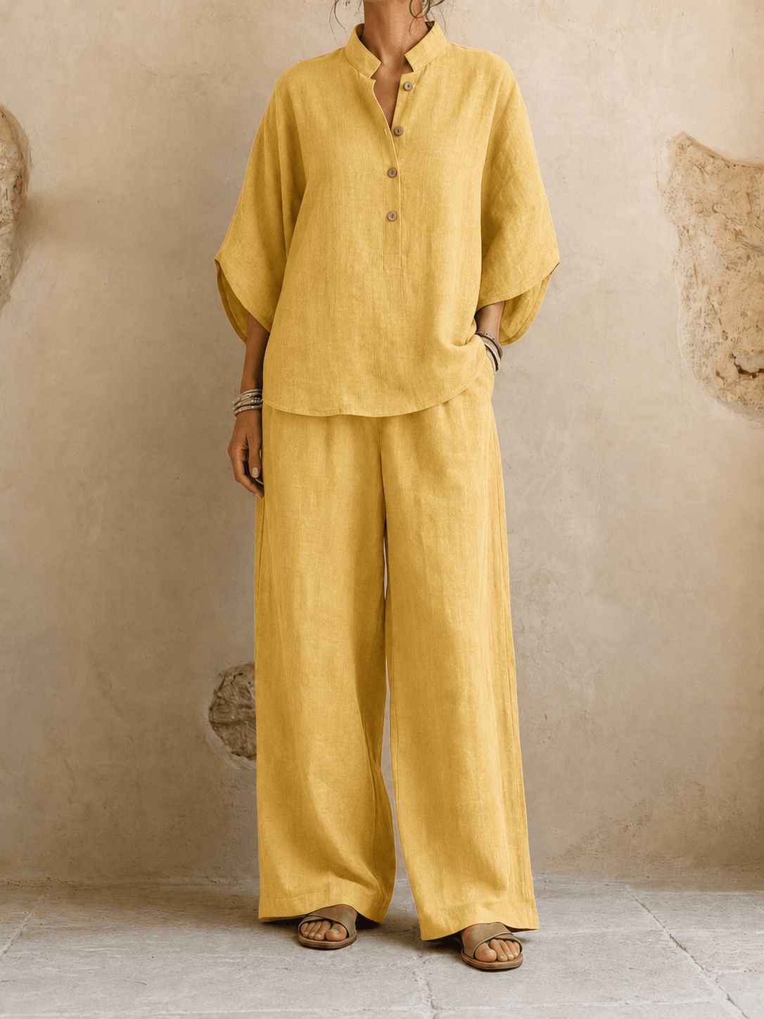 Maribel | Blusa in Lino con Maniche a Pipistrello e Pantaloni a Gamba Larga