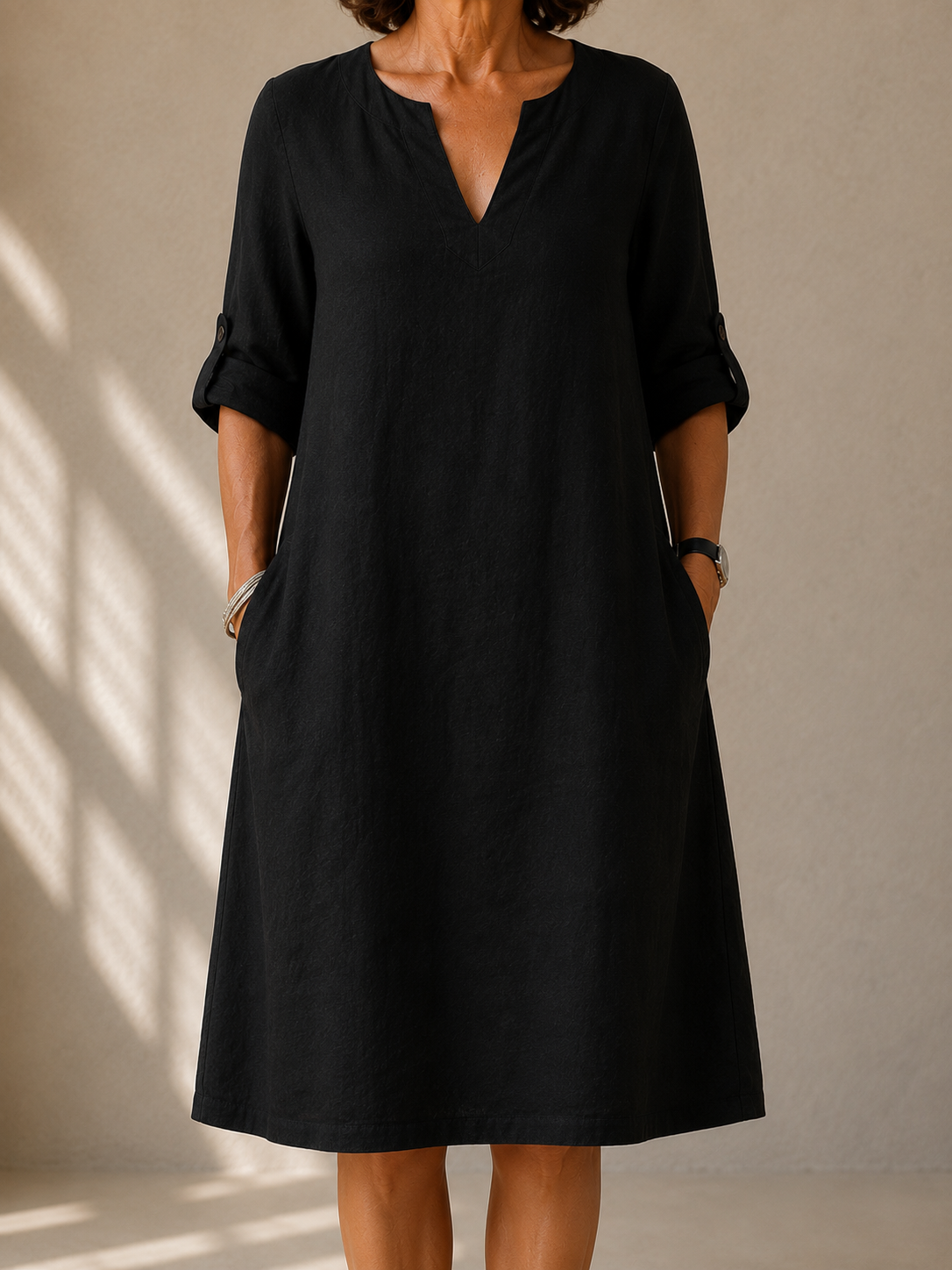 Naomi | Straight Midi Dress with Rolled-Up Sleeves